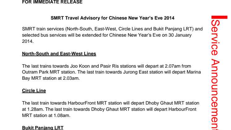 SMRT Travel Advisory for Chinese New Year’s Eve 2014