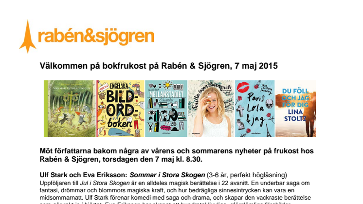 Rabén & Sjögren bjuder på bokfrukost torsdagen den 7 maj 2015