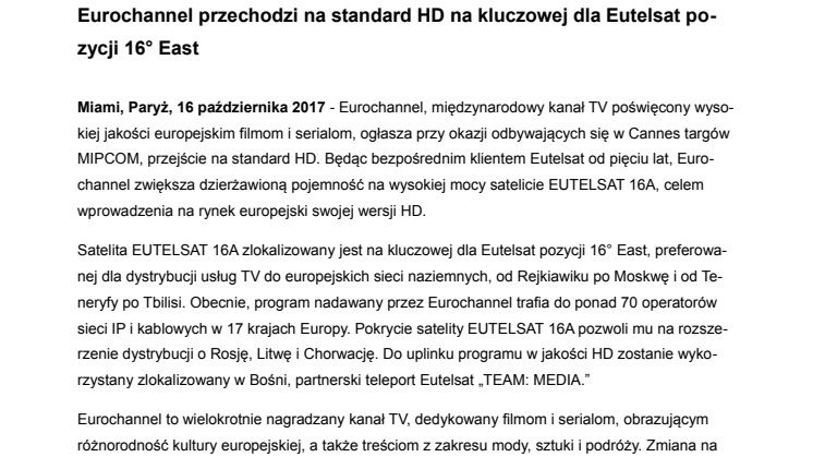 Eurochannel przechodzi na standard HD na kluczowej dla Eutelsat pozycji 16° East
