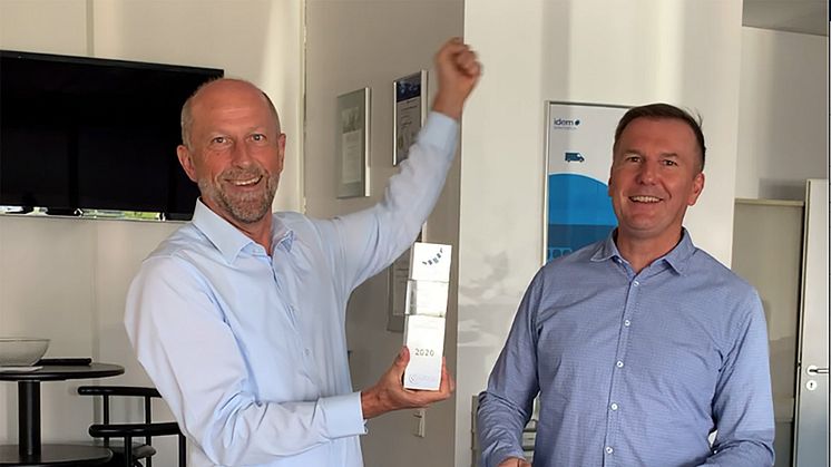  idem telematics (hier vertreten durch die Geschäftsführer Jens Zeller und Thomas Piller, v.l.) wird 2020 in der Kategorie „Telematik für Kühltransporte“ ausgezeichnet.
