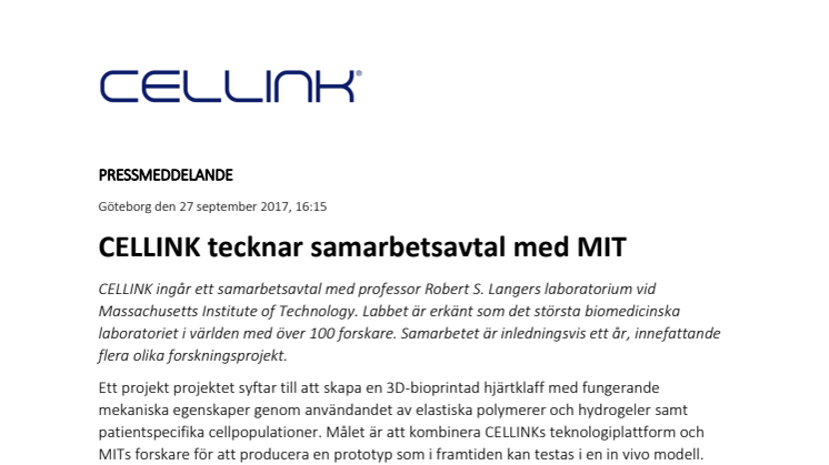 CELLINK har ingått samarbetsavtal med MIT i USA