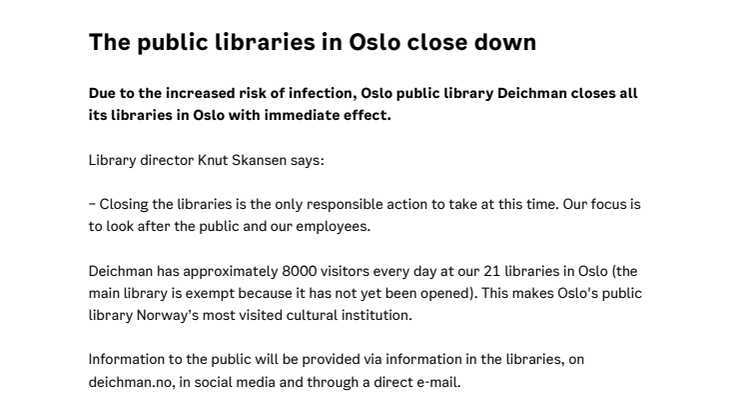 Press release: The public libraries in Oslo close down