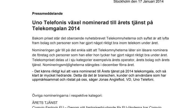 Uno Telefonis växel nominerad till årets tjänst på Telekomgalan 2014