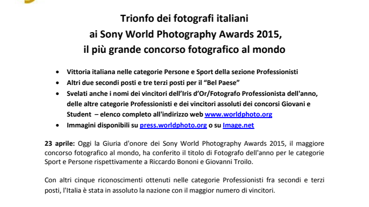 Trionfo dei fotografi italiani ai Sony World Photography Awards 2015, il più grande concorso fotografico al mondo