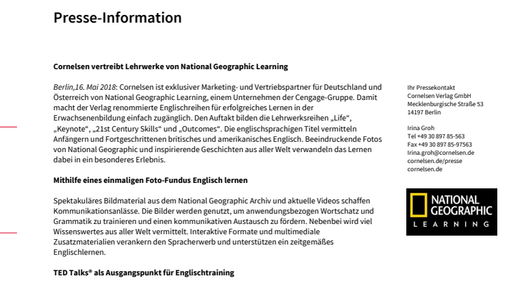 Cornelsen vertreibt Lehrwerke von National Geographic Learning