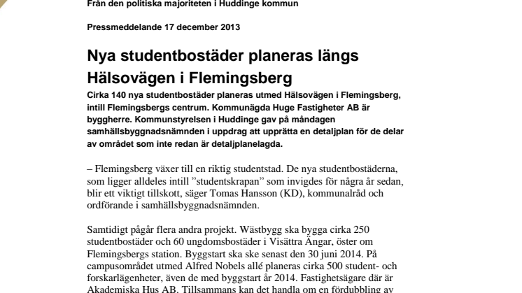 Nya studentbostäder planeras längs Hälsovägen i Flemingsberg