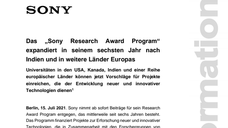 Das „Sony Research Award Program“ expandiert in seinem sechsten Jahr nach Indien und in weitere Länder Europas
