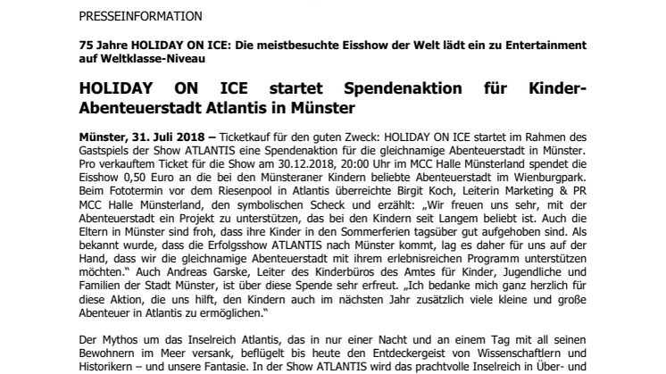 HOLIDAY ON ICE startet Spendenaktion für Kinder-Abenteuerstadt Atlantis in Münster
