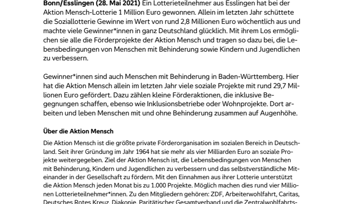 Esslingen: Glückspilz gewinnt 1 Million Euro bei Aktion Mensch 