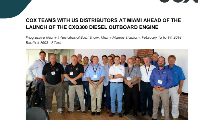 Cox Powertrain - Miami International Boat Show: Cox teams with US Distributors Ahead of CXO300 Diesel Outboard Engine Launch
