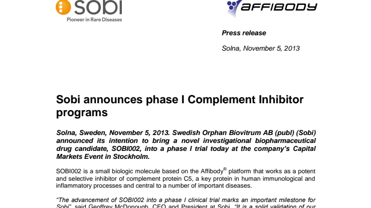 Sobi announces phase I Complement Inhibitor program 