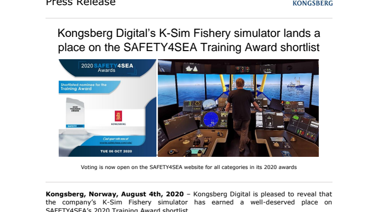 Kongsberg Digital’s K-Sim Fishery simulator lands a place on the SAFETY4SEA Training Award shortlist