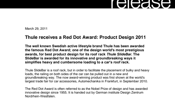 Thule receives a Red Dot Award: Product Design 2011
