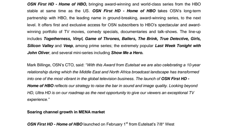 ​OSN First HD - Home of HBO receives Special Award from Eutelsat as 6000th channel on its fleet 