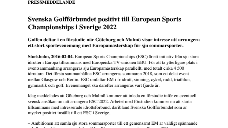 Svenska Golfförbundet positivt till European Sports Championships i Sverige 2022