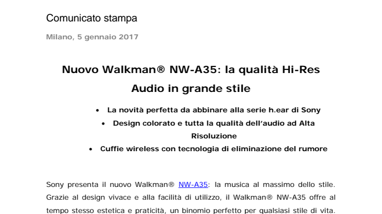 Nuovo Walkman® NW-A35: la qualità Hi-Res Audio in grande stile
