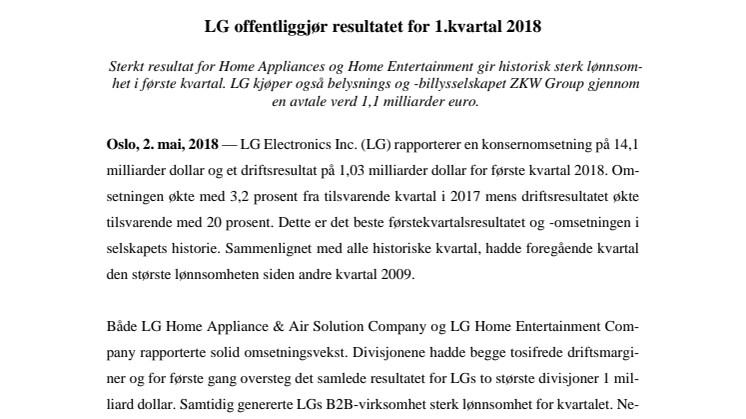 LG offentliggjør resultatet for 1. kvartal 2018