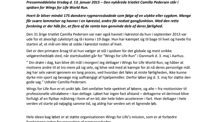 Pressemeddelelse tirsdag d. 13. januar 2015 – Den nykårede triatlet Camilla Pedersen står i spidsen for Wings for Life World Run.