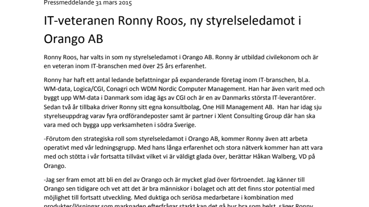 IT-veteranen Ronny Roos, ny styrelseledamot i Orango AB