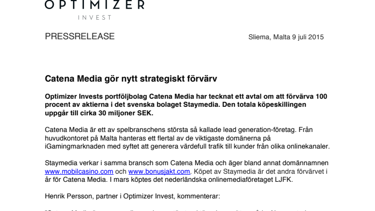Catena Media gör nytt strategiskt förvärv 