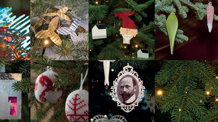 Collage av tidligere pynt på Maihaugens juletre