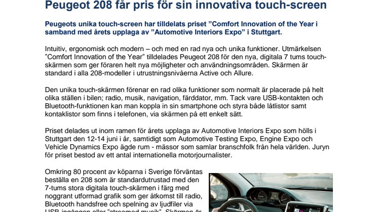 Peugeot 208 får pris för sin innovativa touch-screen