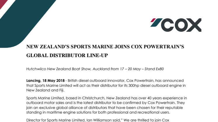 Cox Powertrain: New Zealand's Sports Marine Joins Cox Powertrain's Global Distributor Line-Up