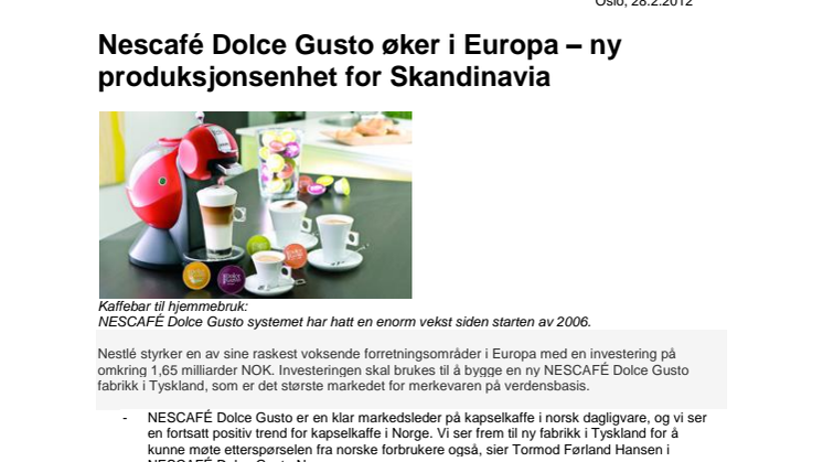 Nescafé Dolce Gusto øker i Europa - ny produksjonsenhet for Skandinavia 