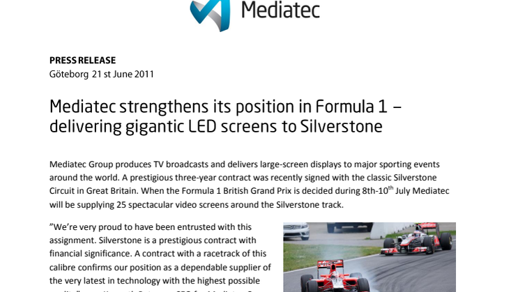 Mediatec strengthens its position in Formula 1 – delivering gigantic LED screens to Silverstone