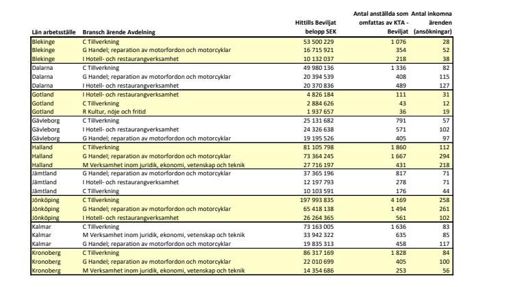Inkomna ansökningar per bransch och län