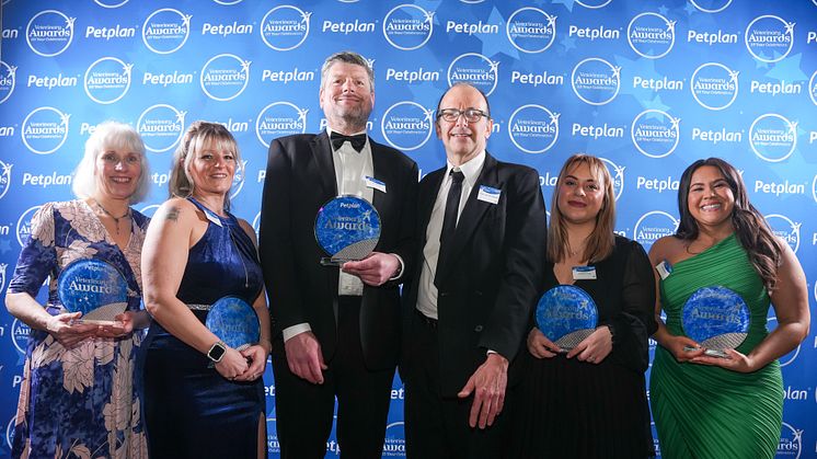 The winners of the Petplan 2024 Veterinary Awards:  L to R  Vet of the Year Alison Hammond. Practice Manager of the Year Johanna Moore, Practice of the Year Erik Belloy and Peter Van den Brande. Practice Support Staff of the Year Rachel Tring, 