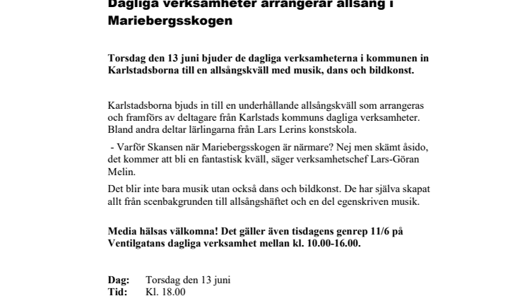 Pressinbjudan: Dagliga verksamheter arrangerar allsång i Mariebergsskogen