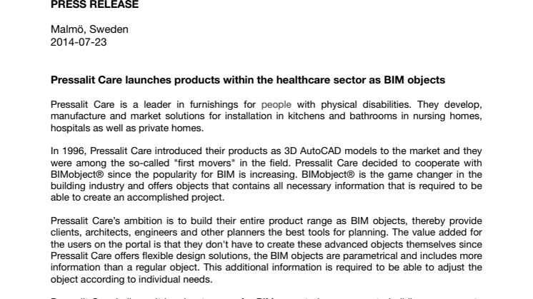 Pressalit Care launches products within the healthcare sector as BIM objects