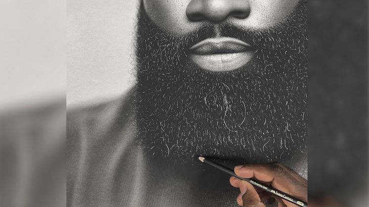 Hyperrealism: Self-portrait by British artist Kelvin Okafor, drawn with the new Pitt Graphite Matt pencil. Copyright: Faber-Castell / Image can be used for free and for editorial purposes only. / Please include a copyright notice.