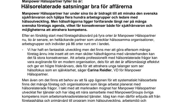 Manpower Hälsopartner fyller tio år: Hälsorelaterade satsningar bra för affärerna