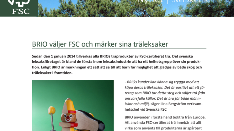 BRIO väljer FSC® och märker sina träleksaker