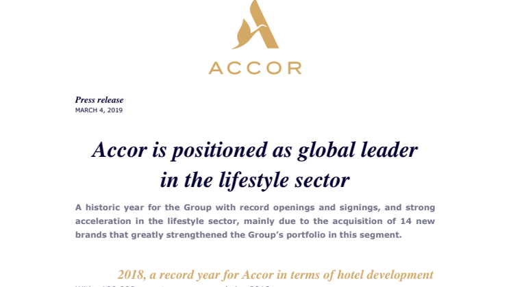 Accor is positioned as global leader in the lifestyle sector