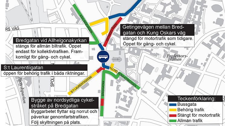 Från och med den 24 oktober blir Bredgatan vid Allhelgonakyrkan bussgata. Karta: Lunds kommun.