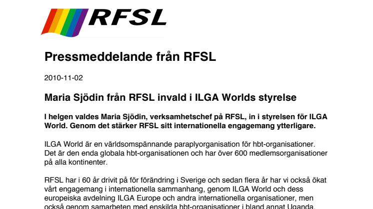 Maria Sjödin från RFSL invald i ILGA Worlds styrelse