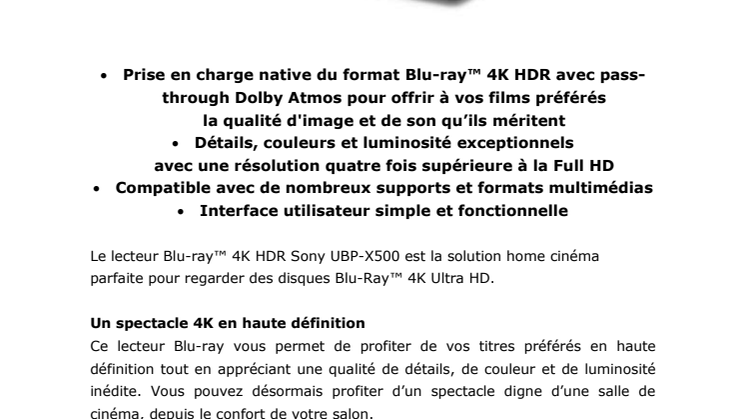 Un son et une image de haute qualité avec le nouveau lecteur Blu-ray™ UBP-X500 4K HDR de Sony 