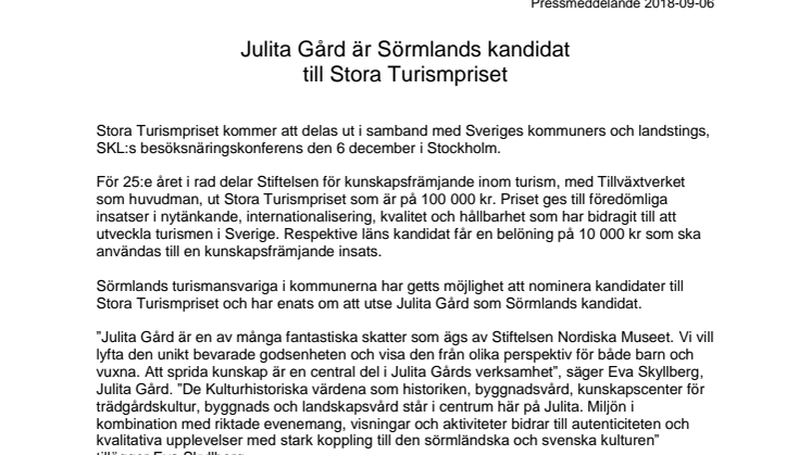 Julita Gård är Sörmlands kandidat  till Stora Turismpriset