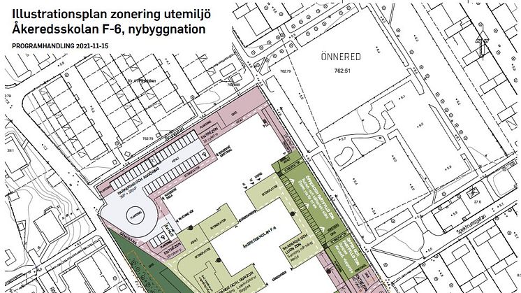 Illustrationsplan för zonering av utemiljön vid den blivande F-6-skolan i Åkered. Illustration: Atkins