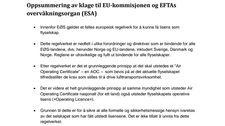 Oppsummering av klage til EU-kommisjonen og EFTAs overvåkningsorgan (ESA)