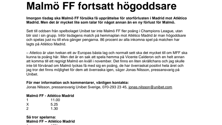 Malmö FF fortsatt högoddsare