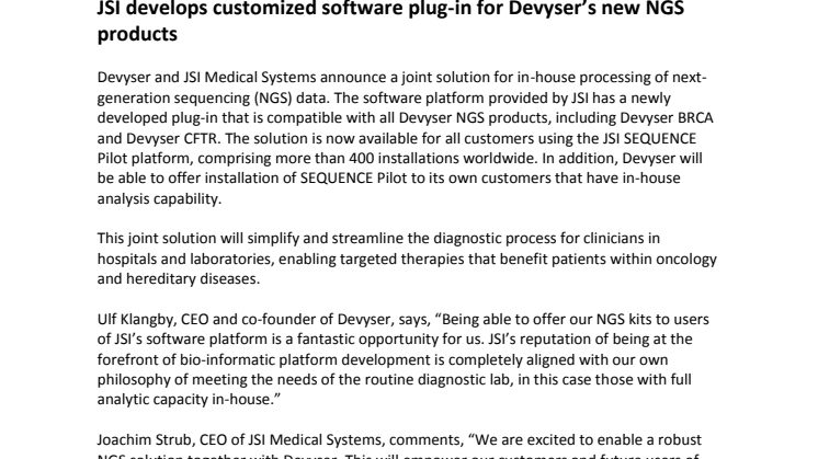 JSI develops customized software plug-in for Devyser’s new NGS products