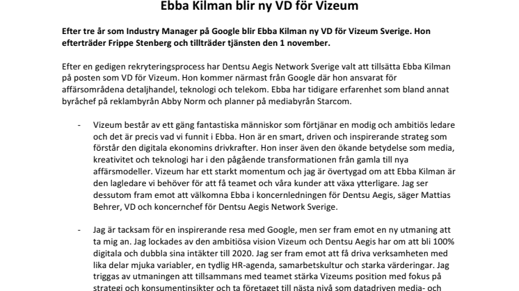 Ebba Kilman blir ny VD för Vizeum