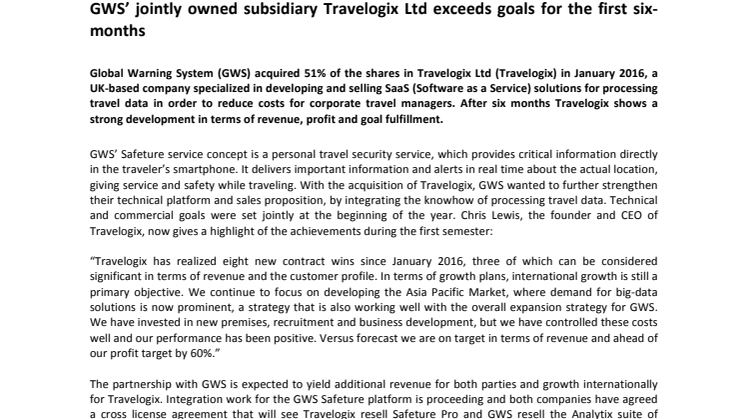 GWS’ jointly owned subsidiary Travelogix Ltd exceeds goals for the first six-months