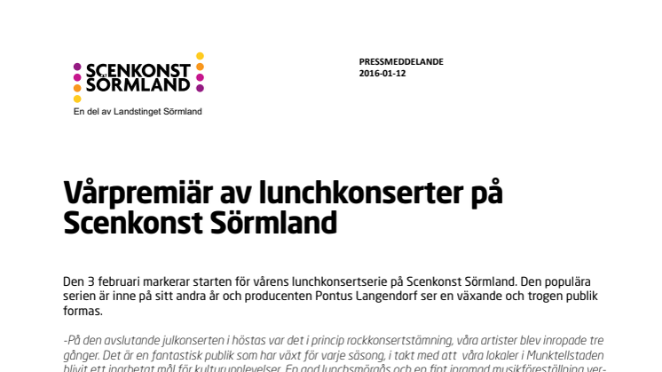 Vårpremiär av lunchkonserter på Scenkonst Sörmland