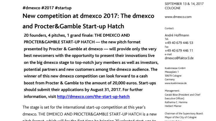 New competition at dmexco 2017: The dmexco and Procter&Gamble Start-up Hatch