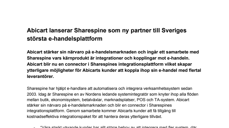 Abicart lanserar Sharespine som ny partner till Sveriges största e-handelsplattform